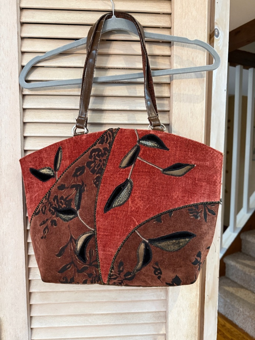 Coldwater Creek Rust Brown Floral Patchwork Zipper Tote w/gold glitter thread